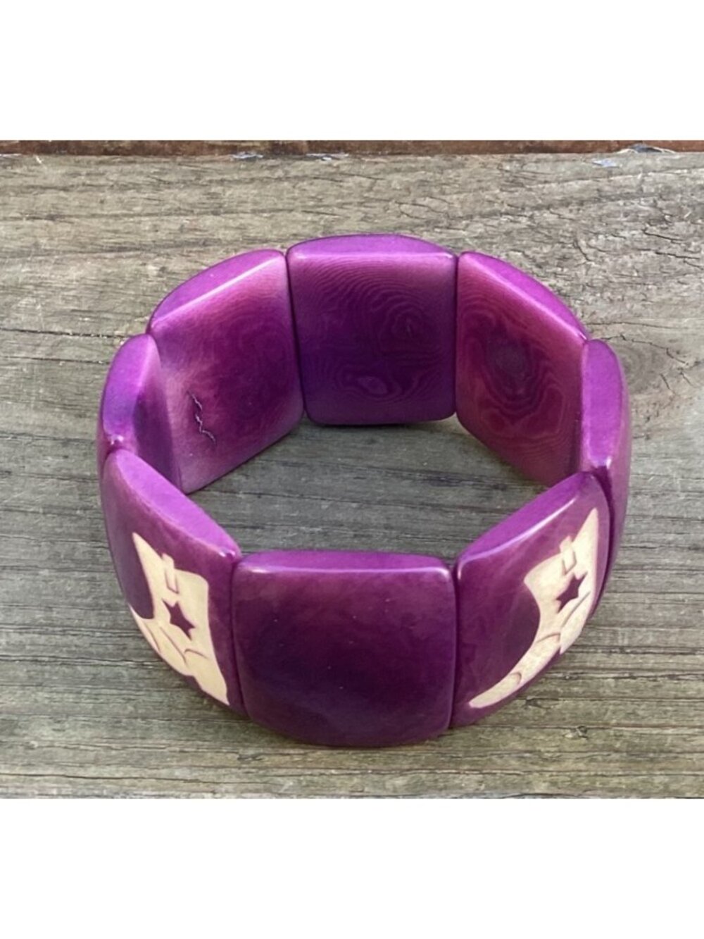 Wide Purple Tagua Panel Stretch Bracelet Carved Cowboy Boot Motif Festival Wear - Picture 2 of 6